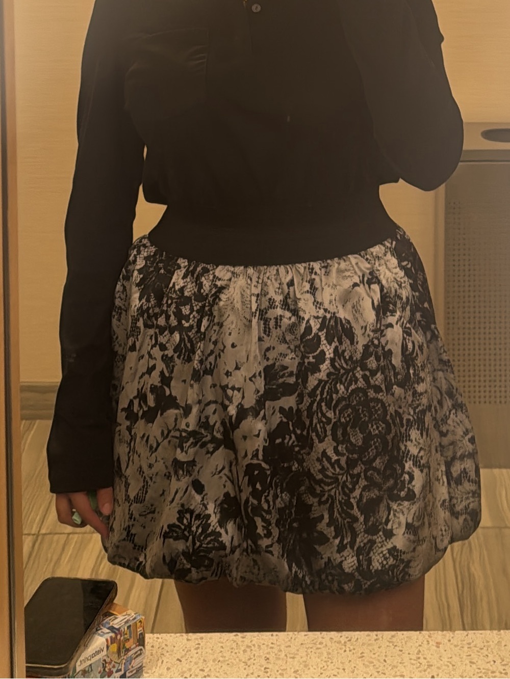 Black & White Floral Bubble Skirt - Women's Skater Circle Silhouette